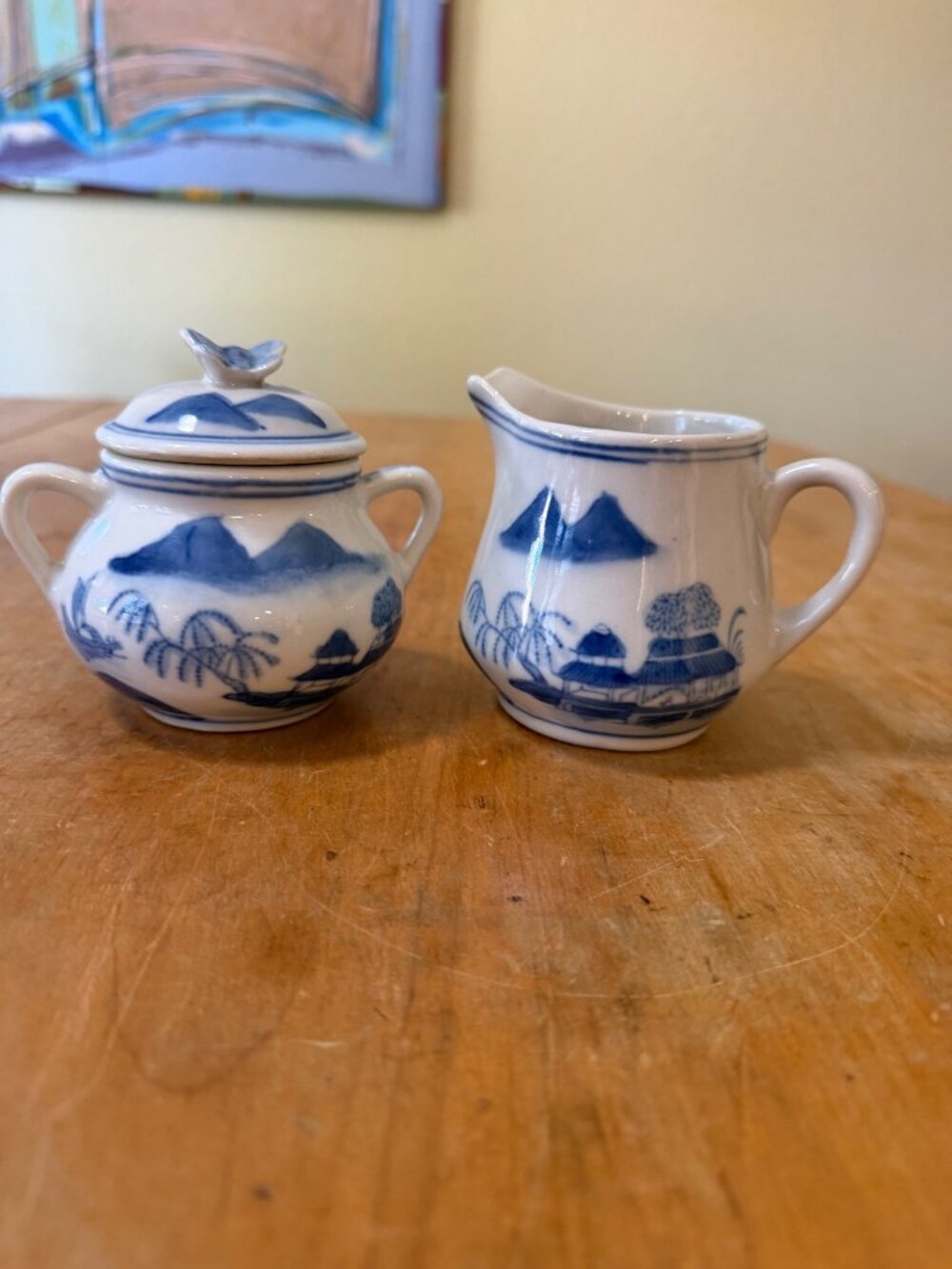 Vintage Canton Chinoiserie Cream & Sugar Set with Butterfly Lid – Blue and White - Picture 14 of 14